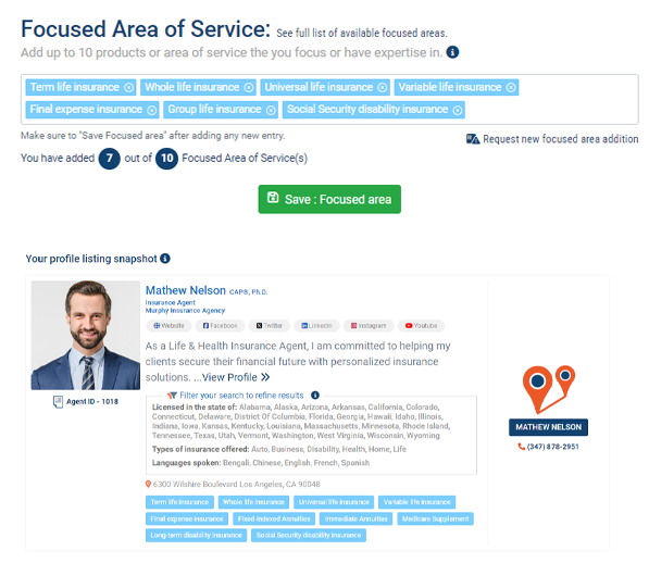 Manage Your Profile - Focused Area of Service