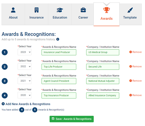 Manage Your Profile - Awards & Recognitions